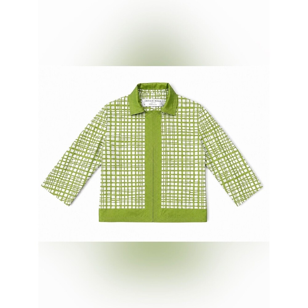 Charles Nolan New York 100% Silk Open Front Jacket Green Geometric Print – XS